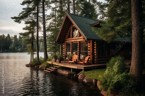 A peaceful lakeside cabin surrounded by tall pines