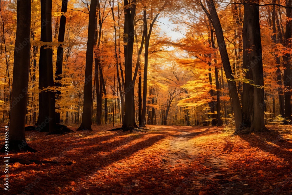 A serene forest glade with vibrant, autumnal colors