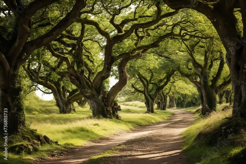 A tranquil countryside path lined with old oak trees photo