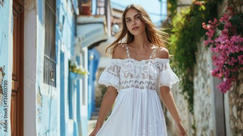 A light and airy white cotton dress with delicate lace accents is the perfect choice for strolling through the quaint streets of a charming European village. © Justlight