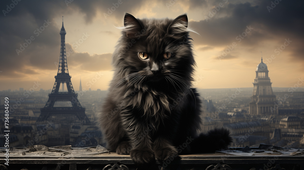 Un chat noir observe la ville endormie, ses yeux brillant dans l'obscurité. Il connaît tous ses secrets, mais garde les siens bien cachés. - obrazy, fototapety, plakaty 