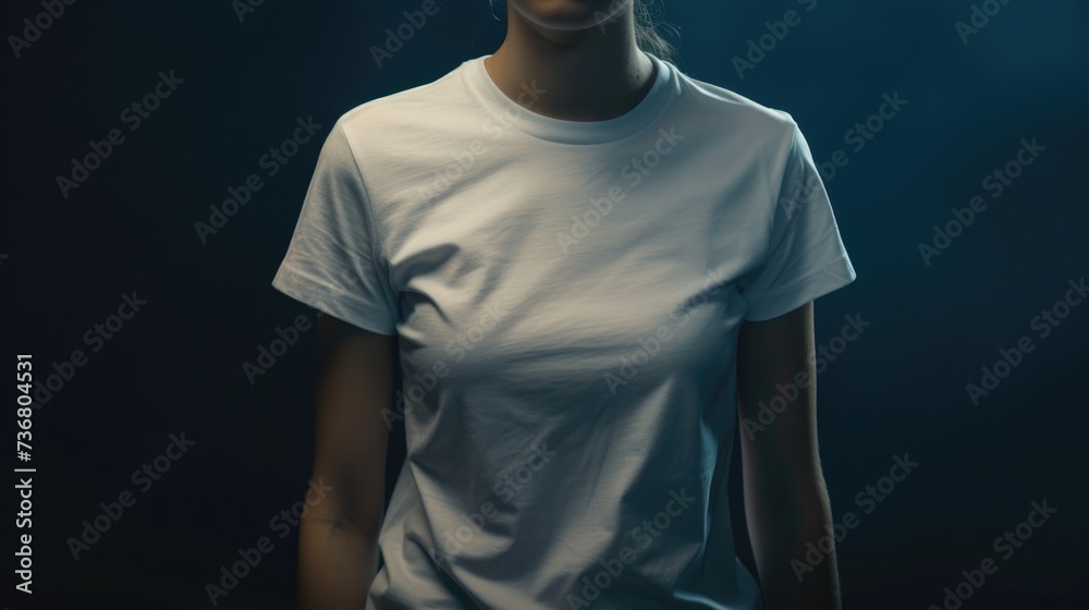 Blank white t-shirt on girl model, dark background, front view, space for text