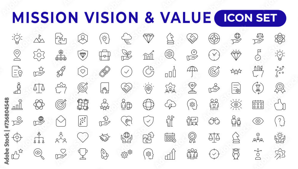 Mission, vision & value icon set. Outline illustration of icons. Core values line icons. Integrity. Vision, Social Responsibility, Commitment, Personal Growth, Innovation, Family, and Problem-Solving. Mission, vision & value icon set. Outline illustration of icons. Core values line icons. Integrity. Vision, Social Responsibility, Commitment, Personal Growth, Innovation, Family, and Problem-Solving.