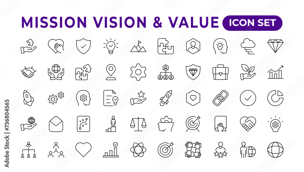 Mission, vision & value icon set. Outline illustration of icons. Core values line icons. Integrity. Vision, Social Responsibility, Commitment, Personal Growth, Innovation, Family, and Problem-Solving. Mission, vision & value icon set. Outline illustration of icons. Core values line icons. Integrity. Vision, Social Responsibility, Commitment, Personal Growth, Innovation, Family, and Problem-Solving.