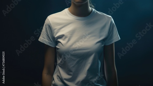 Blank white t-shirt on girl model, dark background, front view, space for text photo