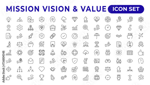 Mission, vision & value icon set. Outline illustration of icons. Core values line icons. Integrity. Vision, Social Responsibility, Commitment, Personal Growth, Innovation, Family, and Problem-Solving.
