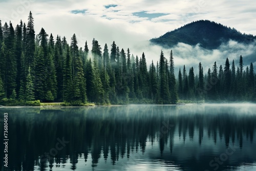 Majestic evergreen trees lining a serene lake