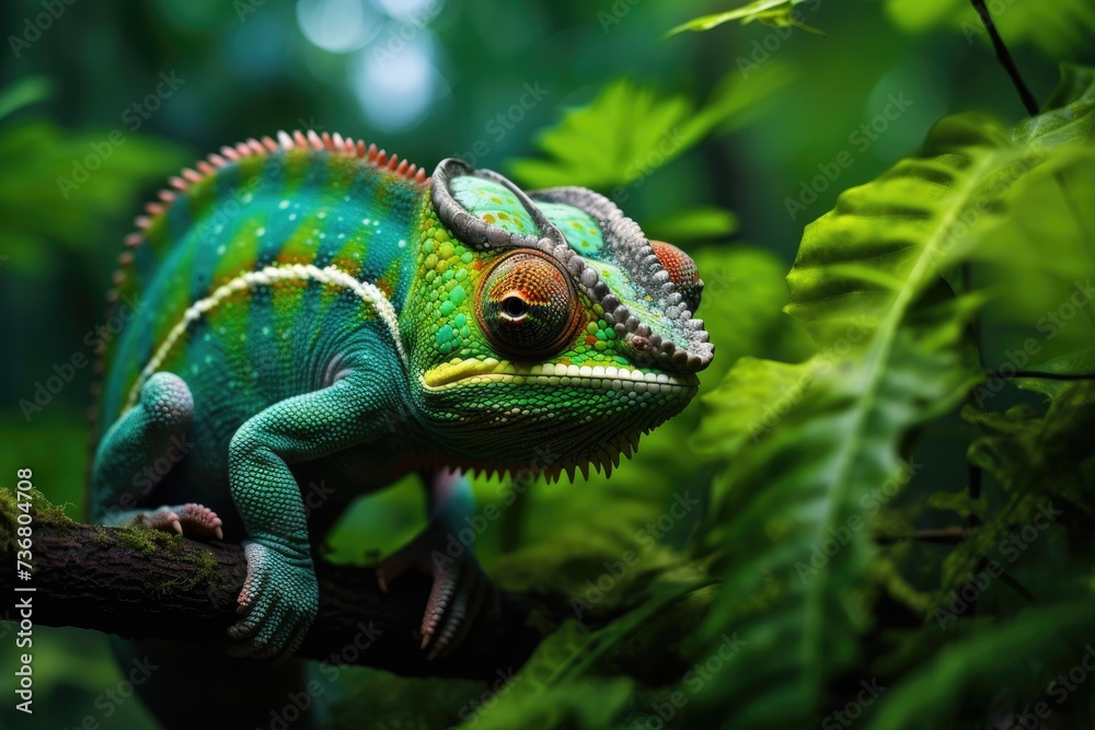 Fototapeta premium A chameleon blending into a lush green jungle, Chameleon blending into rocky jungle landscape, Ai Generated