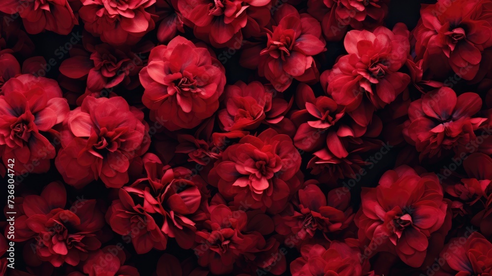 Red flowers, close-up with selective focus and dark blurred background. Beautiful, rich background. Red flowers, close-up with selective focus and dark blurred background. Beautiful, rich background.