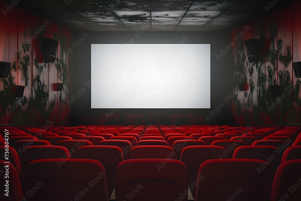 Cinema hall with red seats and white screen. Empty movie theatre interior
