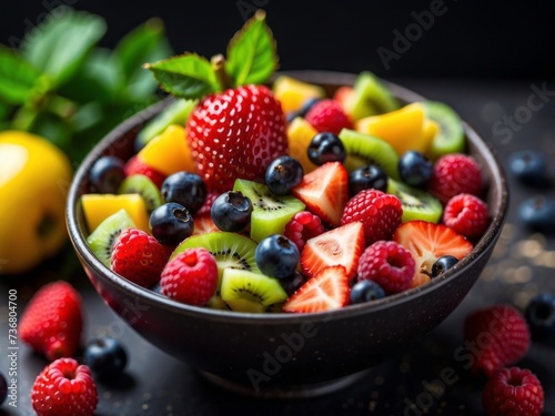 fruit salad in a bowl in black background top view