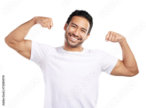 Fotografie Man, muscle and champion in portrait, flexing biceps for fitness and strong isolated on png transparent background