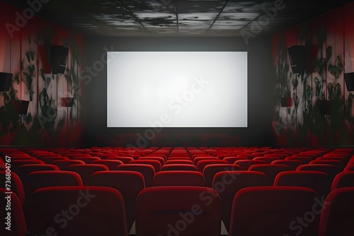 Cinema hall with red seats and white screen. Empty movie theatre interior 