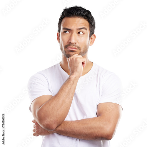 Man, thinking and confused with doubt and questions, problem solving for solution isolated on png transparent background. Memory, thought and remember with ideas, choice or decision for clarity