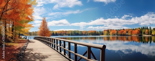 Autumn season nature landscape, lake bridge in fall