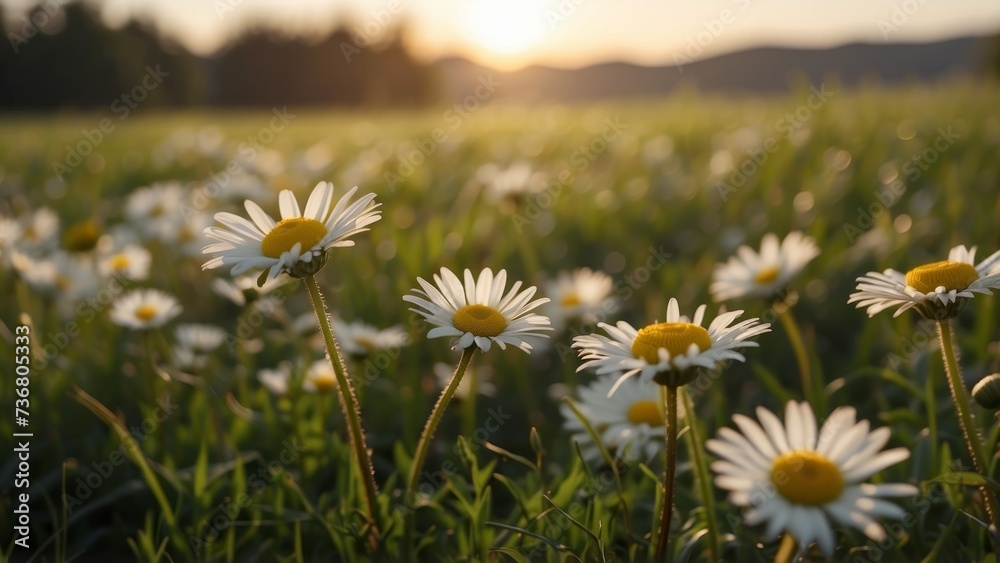 White daisy blooms in a field landscape, focusing on the setting sun. Blurred grassy meadow, warm golden hour effect during sunset and sunrise time generative ai