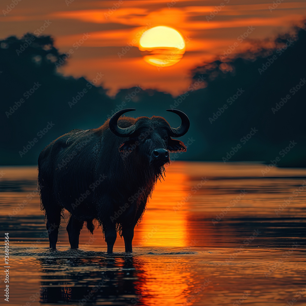 a large bull standing in the water at sunset