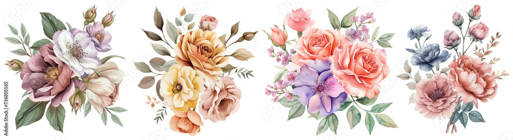 llustration. Vintage watercolor flowers for decorating wedding cards , Watercolor collection of hand drawn flowers , Botanical plant PNG element cut out transparent isolated on white background.