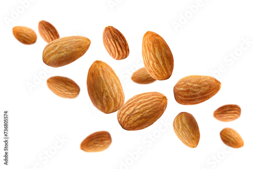Almond nuts isolated on white background. Almond fly.