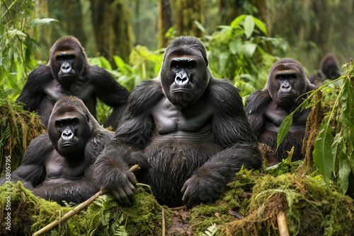 A group of gorillas in their natural rainforest habitat, Endangered primate sitting in African rainforest staring at camera , Ai generated © Tanu
