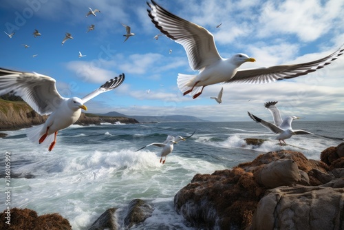 A group of seagulls soaring in a coastal breeze.3d rendered a group of seagulls flying under a blue sky over the beach, Ai generated © Tanu
