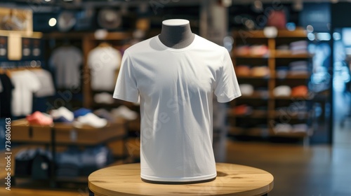 A white T-shirt on a mannequin in a store window. Blank t-shirt mockup.