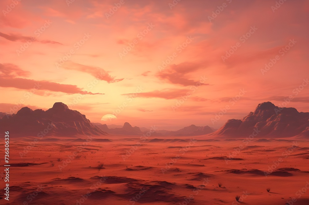 A panoramic view of a desert sunset, with the sky painted in warm tones of orange and pink.