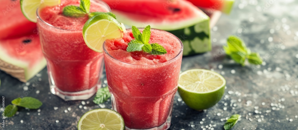 two glasses of watermelon smoothie with lime slices and mint on a table . High quality