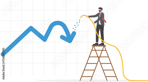 Growing investment from loss or recession, stimulate or boost profit and earning from stock market crisis or downturn concept, businessman investor watering fall down graph and chart to make it grow.
