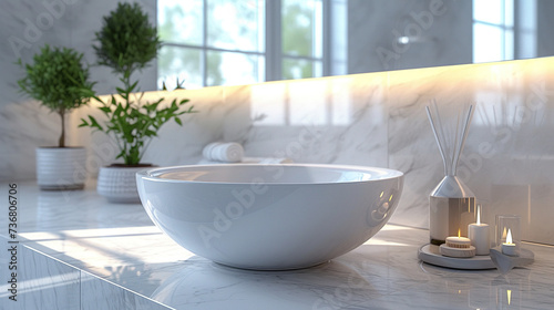 Interior of a modern bathroom with round sink  mirror and plants. Created with Ai