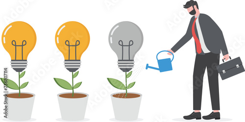 Creativity business growth concept, businessman watering plant with a light bulb on it creating ,creating a new solution ,business new ideas Profit Vector illustration.

