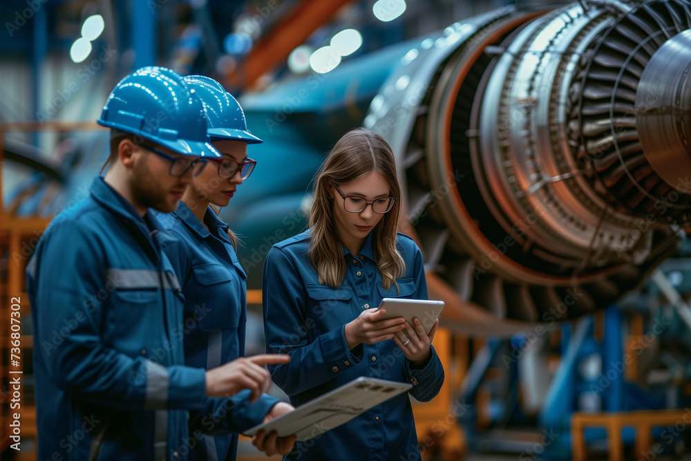 Aviation engineer examining the engine of a commercial airplane with a digital tablet in hand, displaying maintenance data in the spacious aircraft repair factory.