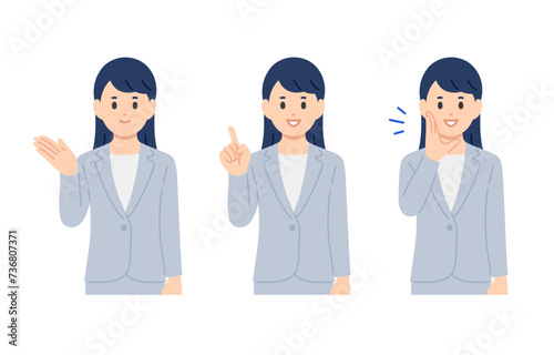 案内･指差し･呼びかけのポーズをするビジネスパーソン女性のセット【人物ベクターイラスト素材】
