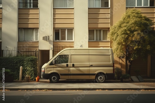 A delivery van parked at a residential building