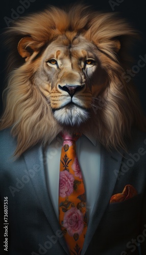 Fashionable antropomorphic portrait of lion. Lion in business suit. Dark background.