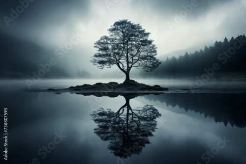 A dramatic reflection of a lone tree in a fog covered forest © KerXing