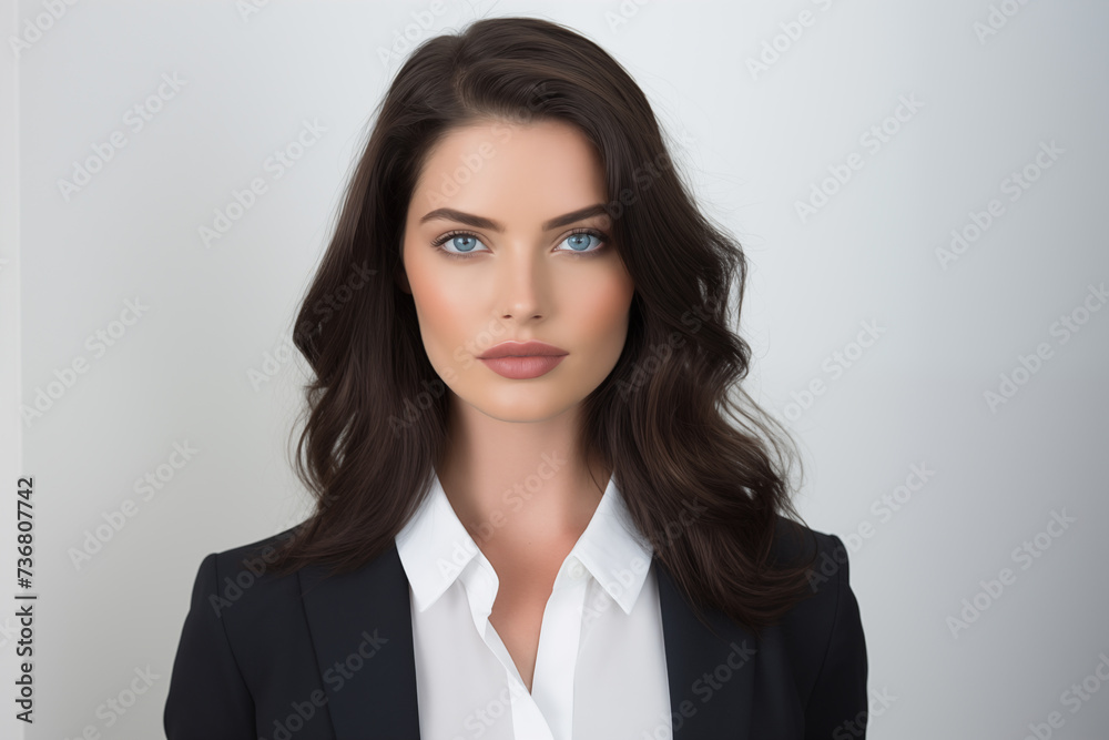 Bussiness woman with dark hair and blue eyes, confident beautiful woman, professional woman in suit.
Bussiness woman with dark hair and blue eyes, confident beautiful woman, professional woman in suit.