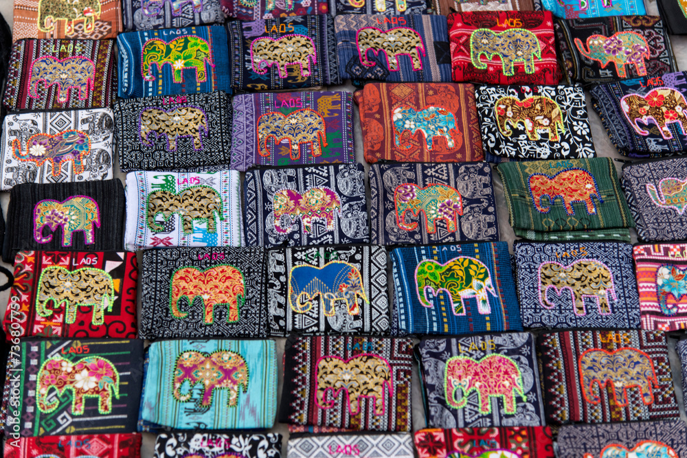 View of the traditional handkerchiefs displayed in the market of Luang Prabang, Laos