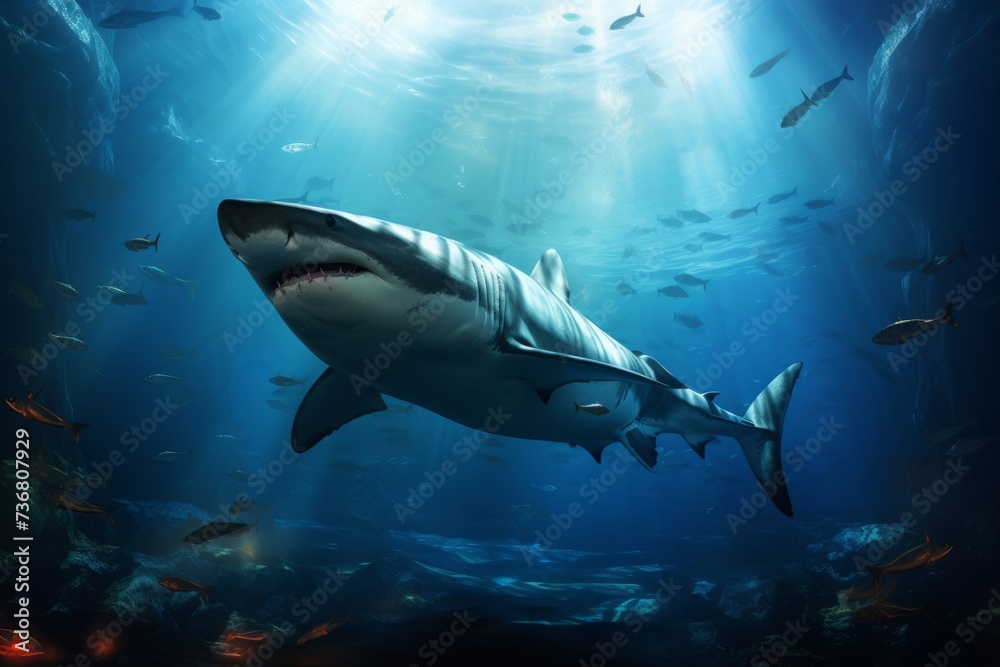 Obraz premium A majestic shark swimming by in a massive tank