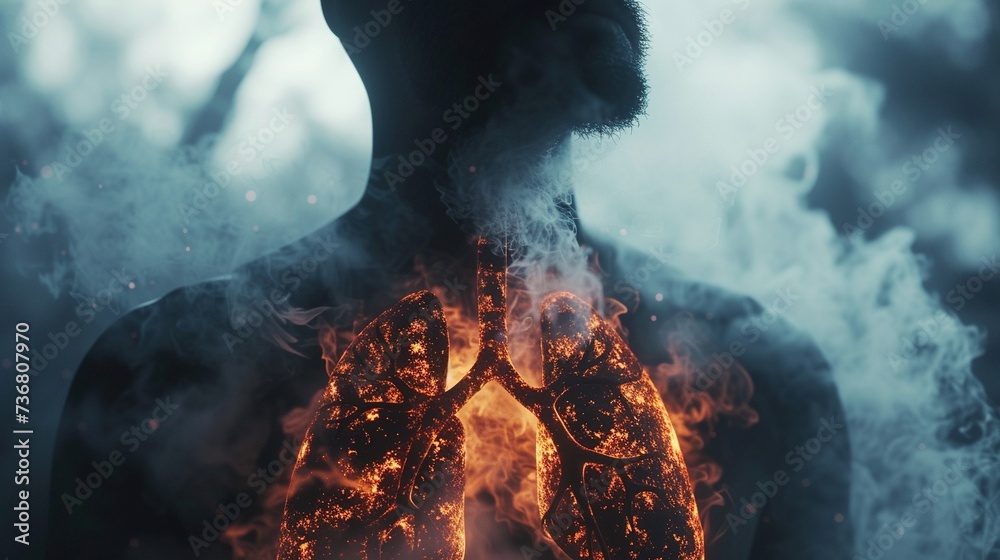 Sick smoker's dark burning lungs damaged from tobacco and smoke, lung