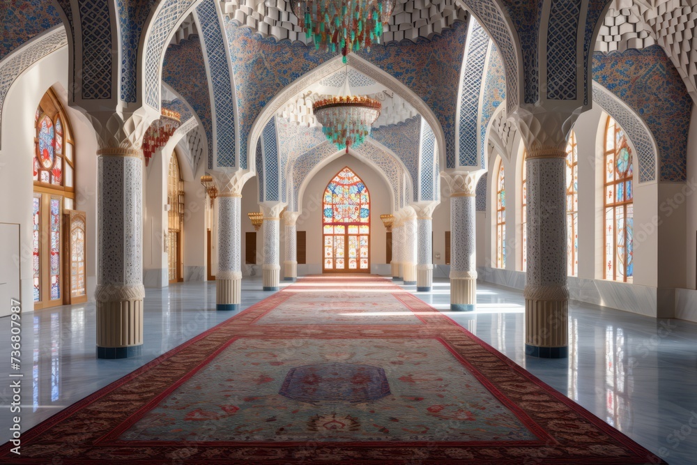 A mosque's interior adorned with colorful tapestries for Eid