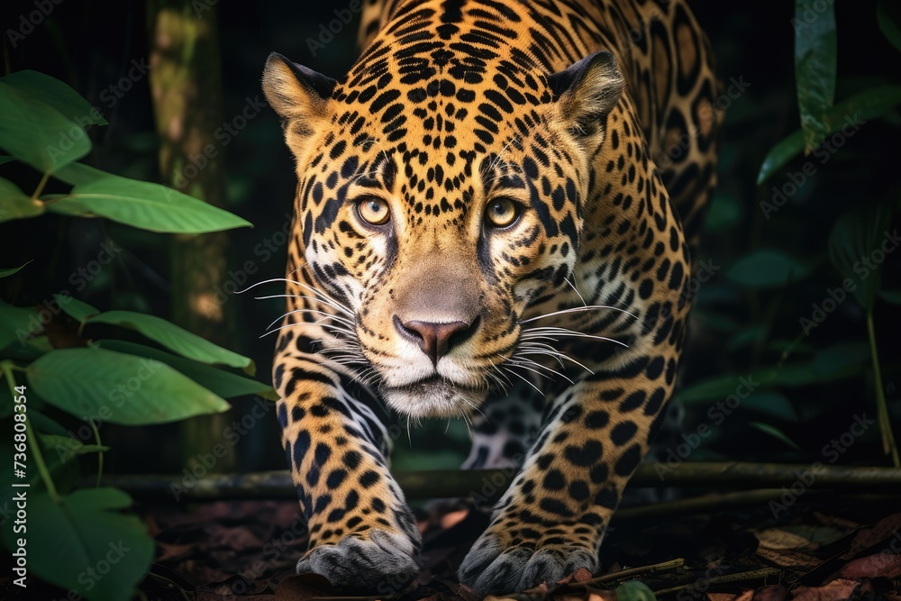 A jaguar prowling through the Amazon rainforest. Fierce jaguars prowling through the dense Amazon rainforest blending seamlessly into the shadows, AI generated A jaguar prowling through the Amazon rainforest. Fierce jaguars prowling through the dense Amazon rainforest blending seamlessly into the shadows, AI generated