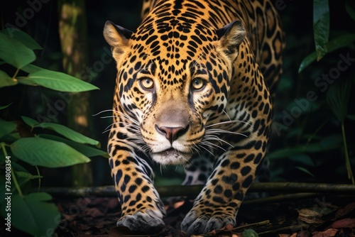 A jaguar prowling through the Amazon rainforest. Fierce jaguars prowling through the dense Amazon rainforest blending seamlessly into the shadows  AI generated
