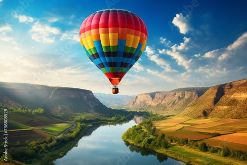 A scenic view of a colorful hot air balloon floating above a tranquil landscape, capturing wanderlust © KerXing