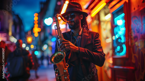 A street musician plays soulful tunes on a saxophone photo