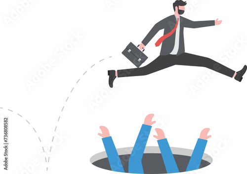 businessman high-jumps over pit . Business and competitions. Personal growth. Overcome difficulties.

