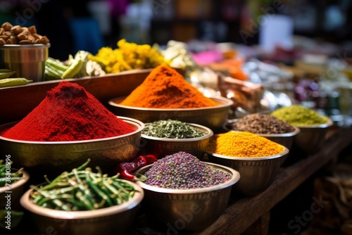A table covered in vibrant spices at a market