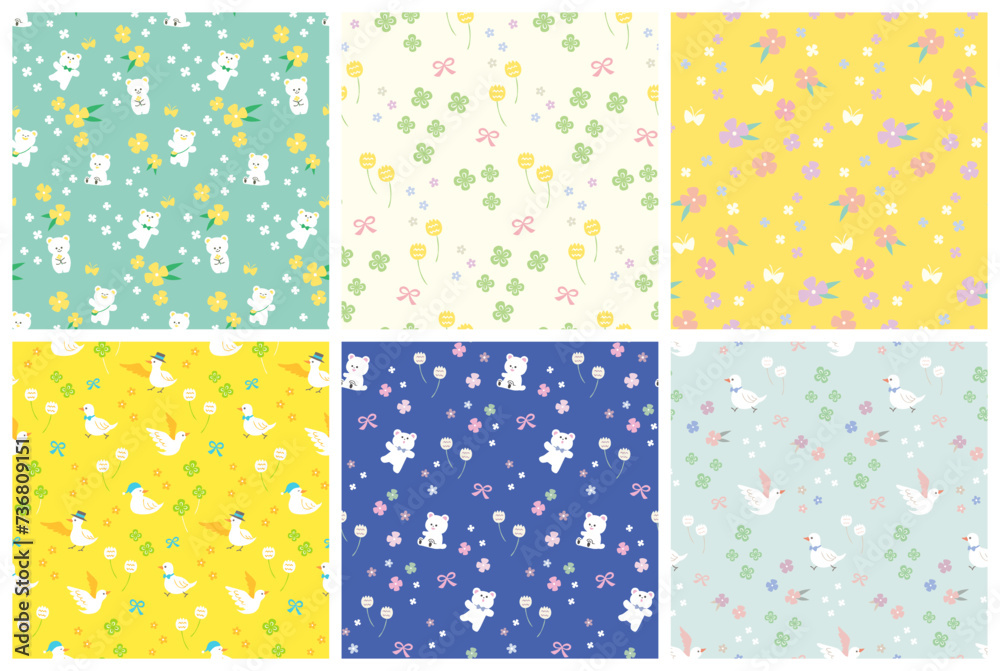Naklejka premium colorful seamless patterns with bears, pigeon and flowers