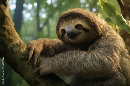 A sloth hanging from a branch in the rainforest. Portrait of cute baby sloth hanging on tree in jungle Funny sloth hanging on tree branch  Ai generated