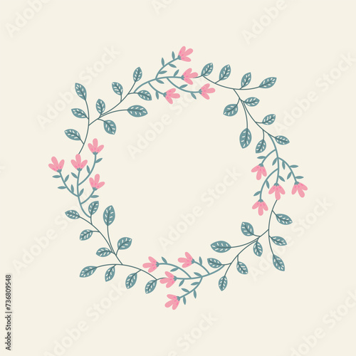 Floral colorful ornamental banner with leaves, flowers branches.  Floral round frame for decorative design.